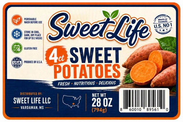Sweet Life 4-count sweet potato retail label, 28 oz, meets or exceeds U.S. No. 1